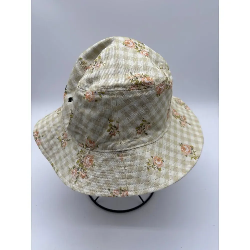 RVCA Women's Reversible Location Bucket Hat Gingham Floral Cream Pink S/M EUC